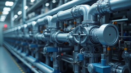 Fototapeta premium 3) Industrial cooling system with intricate piping and machinery, showcasing a modern design and efficient technology, ideal for engineering and manufacturing contexts, emphasizing functionality