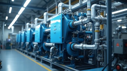Fototapeta premium 3) Industrial cooling system with intricate piping and machinery, showcasing a modern design and efficient technology, ideal for engineering and manufacturing contexts, emphasizing functionality