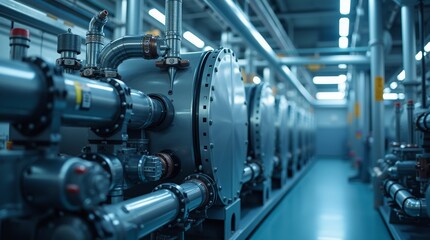 Fototapeta premium 3) Industrial cooling system with intricate piping and machinery, showcasing a modern design and efficient technology, ideal for engineering and manufacturing contexts, emphasizing functionality