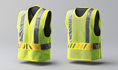  Realistic 3D vector mockup of a safety vest, with fluorescent green material, reflective stripes, and a zip. Ideal for traffic or worker uniforms 