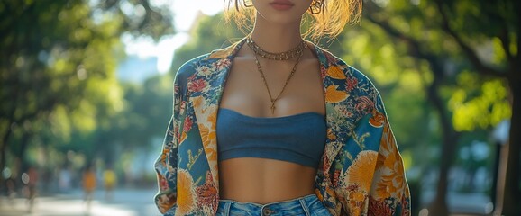 Woman in floral kimono top and denim shorts outdoors.