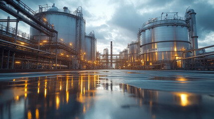 Obraz premium A modern industrial facility with illuminated storage tanks reflecting on a wet surface at dusk
