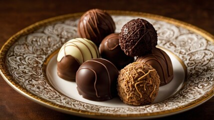 Assorted chocolate truffles displayed on a decorative plate, showcasing their rich textures and various coatings, ideal for food photography and gourmet dessert promotions