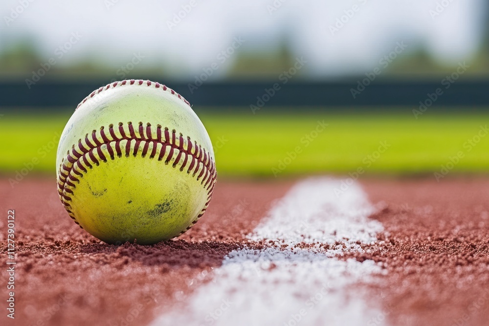 Poster a close-up of a yellow softball resting on a dirt field with a white line.