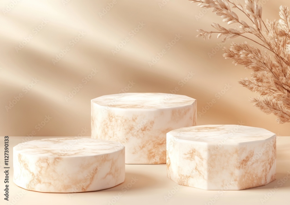 Poster three hexagonal marble-like platforms with soft lighting and decorative plant elements.