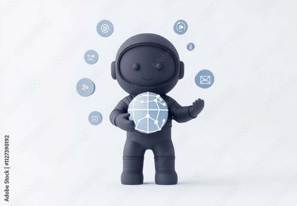 Aufkleber a playful astronaut figure holding a globe, surrounded by icons representing technology and communic