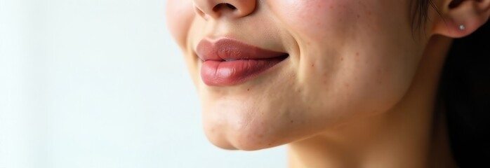 Obraz premium Perfect lips of an Asian girl, lipstick color Mocha mousse. Smile. Close-up. Natural beauty