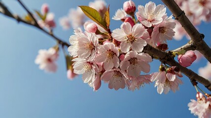 Beautiful cherry blossoms in full bloom against a clear blue sky, showcasing their delicate pink petals and vibrant colors, ideal for nature photography and spring-themed projects, emphasizing beauty 