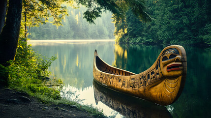 A Stunning Display of Native Canadian Canoe Carving by a Serene Lakeside Emphasizing Nature's Beauty and Indigenous Art