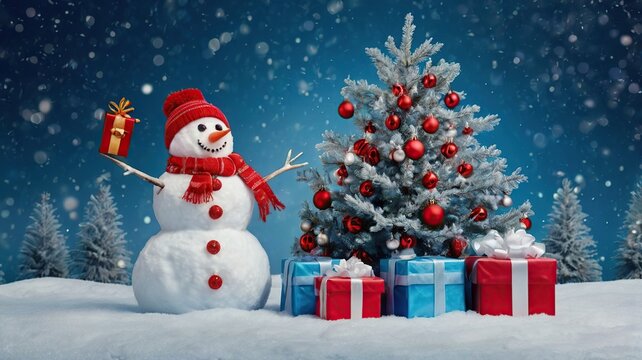 Christmas card with a festive tree and snowman