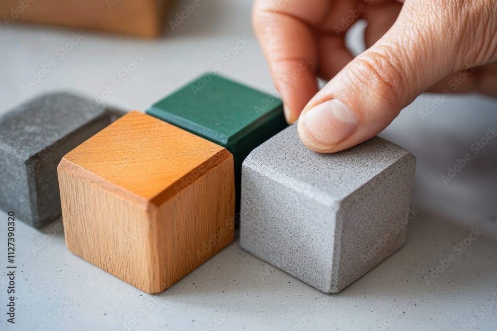 Poster a hand arranging colorful wooden and concrete blocks on a surface.