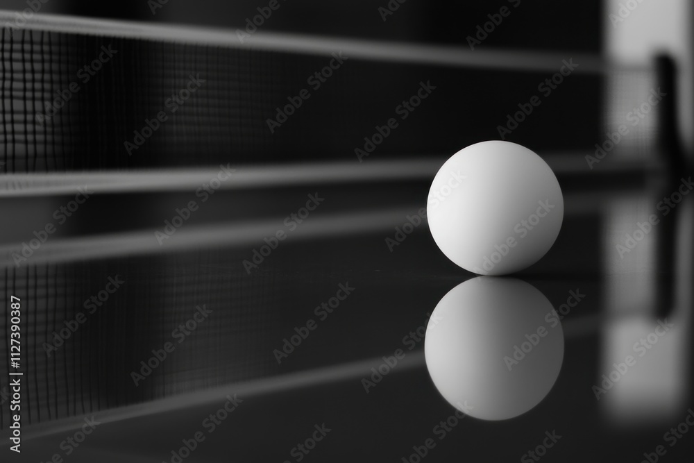 Poster A close-up of a ping pong ball on a reflective surface near a net.