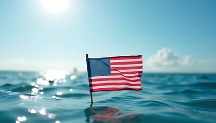 A small American flag is made from recycled business paper floating in the ocean under sunny weather conditions to promote economic awareness._00001_