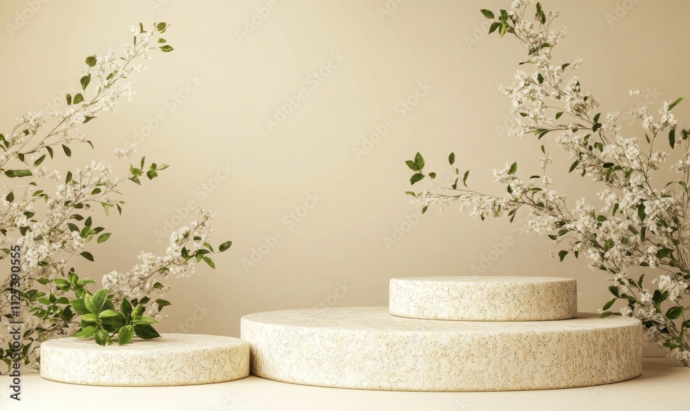 Poster A serene display featuring circular platforms adorned with delicate flowers and greenery.