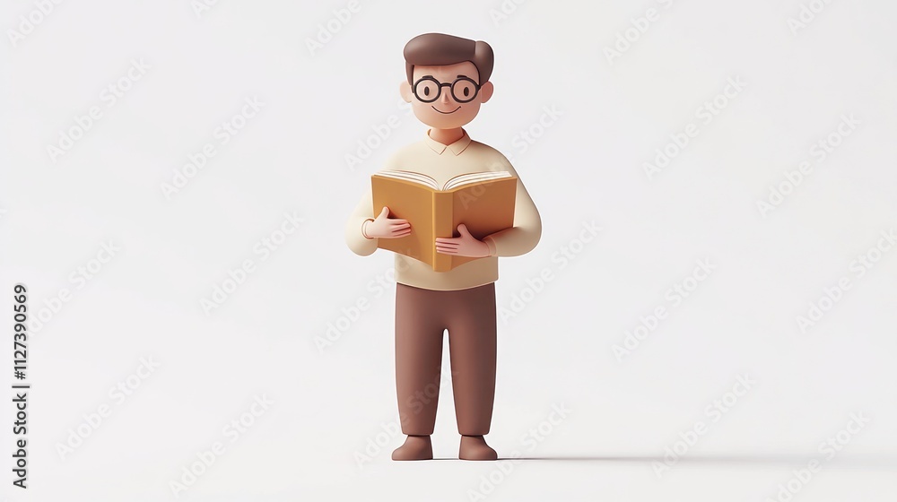Poster a 3d character holding a book, representing reading and knowledge.