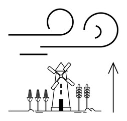 Windmill in a field with corn and wheat crops under stylized wind currents and directional arrow. Ideal for agriculture, renewable energy, farming, rural landscapes, sustainability, environmental