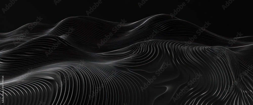 Poster abstract black and white landscape with flowing lines and curves.