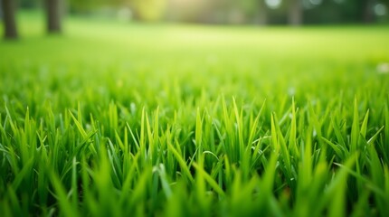 Fototapeta premium Lush green grass covering a vibrant landscape, showcasing its rich texture and color, ideal for outdoor photography and nature-themed projects, emphasizing freshness and vitality.