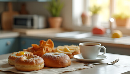 A set of breakfast foods including bakery items and a cup of coffee sit on a kitchen table background with cooking and eating utensils nearby._00003_