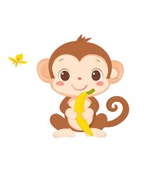A cute cartoon monkey happily holding a banana, exuding a playful and cheerful vibe.