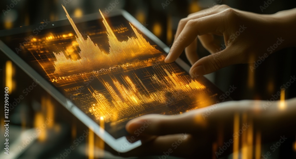 Poster A person interacts with a tablet displaying vibrant data visualizations.