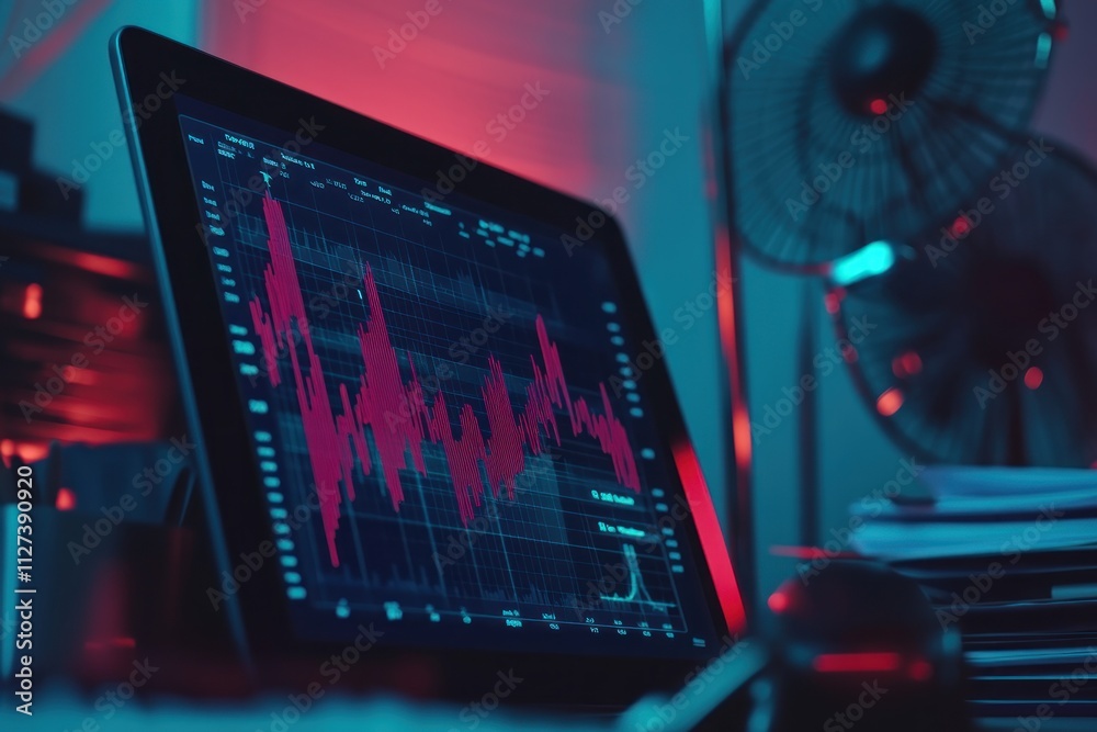 Poster A digital screen displaying a fluctuating financial graph in a dimly lit workspace.