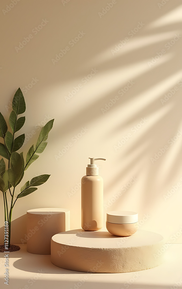 Poster a product display platform features a sandstone top and tropical design elements, including a palm l
