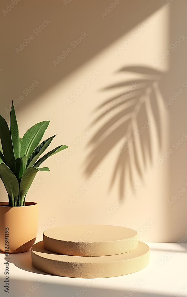 Poster a product display platform features a sandstone top and tropical design elements, including a palm l