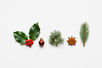 Christmas decorations on white background.