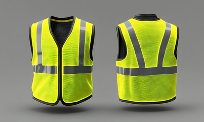  Realistic 3D vector mockup of a safety vest, with fluorescent green material, reflective stripes, and a zip. Ideal for traffic or worker uniforms 