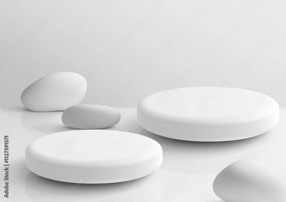 Poster a minimalist composition of white geometric shapes on a smooth surface.