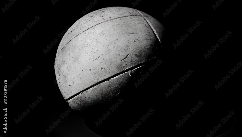 Poster A textured, spherical object illuminated against a dark background, emphasizing its form.
