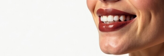Naklejka premium Perfect girl lips, lipstick color Mocha mousse. Smile. Close-up. Natural beauty