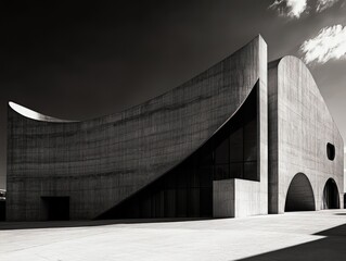 Modern concrete building, curved walls, shadows.