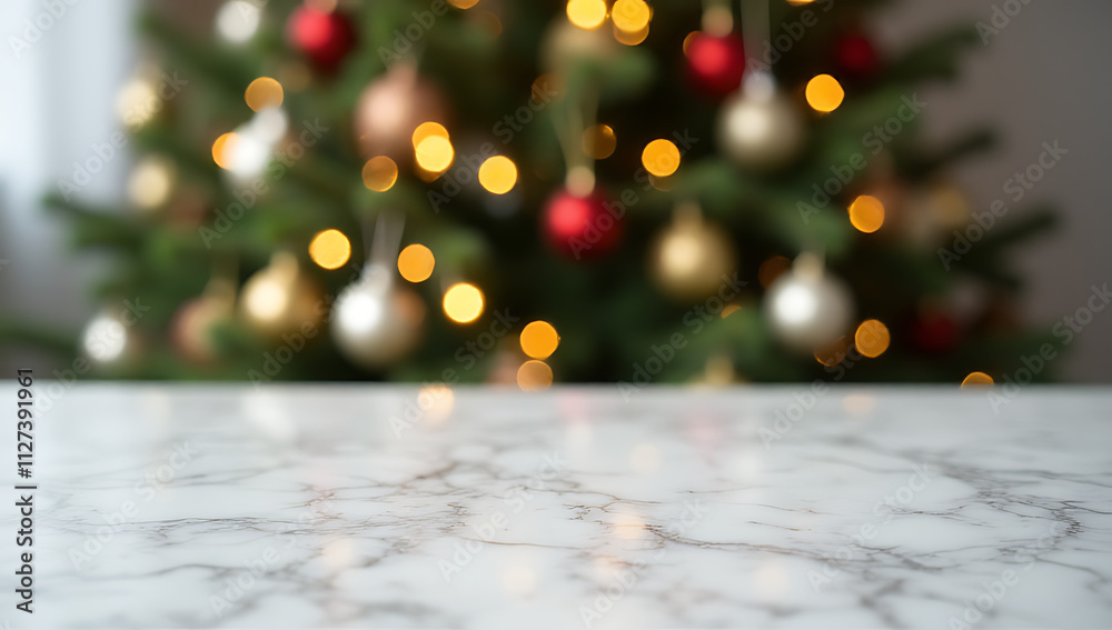 Poster a partially blurred christmas tree and ornaments are centered on a clean, empty marble tabletop in s
