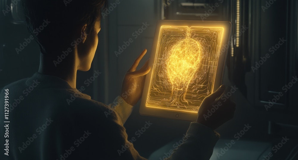 Poster a person examines a glowing, tree-like hologram on a digital device in a futuristic setting.