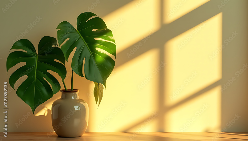 Poster a monstera plant is placed in a glass container to bring in natural light and create a striking visu