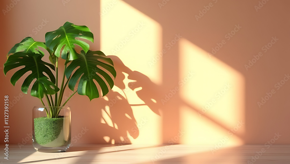 Poster a monstera plant is placed in a glass container to bring in natural light and create a striking visu