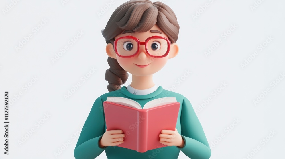 Poster a 3d character with glasses reading a book, conveying a sense of learning and curiosity.