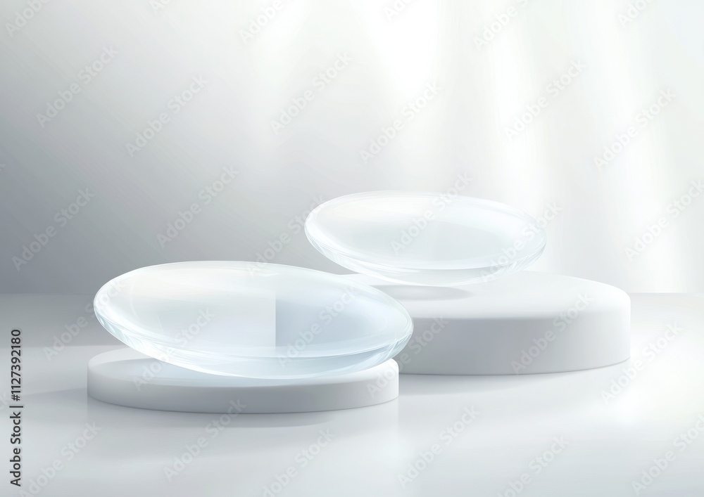 Poster two translucent lenses resting on circular stands, showcasing a minimalist design.