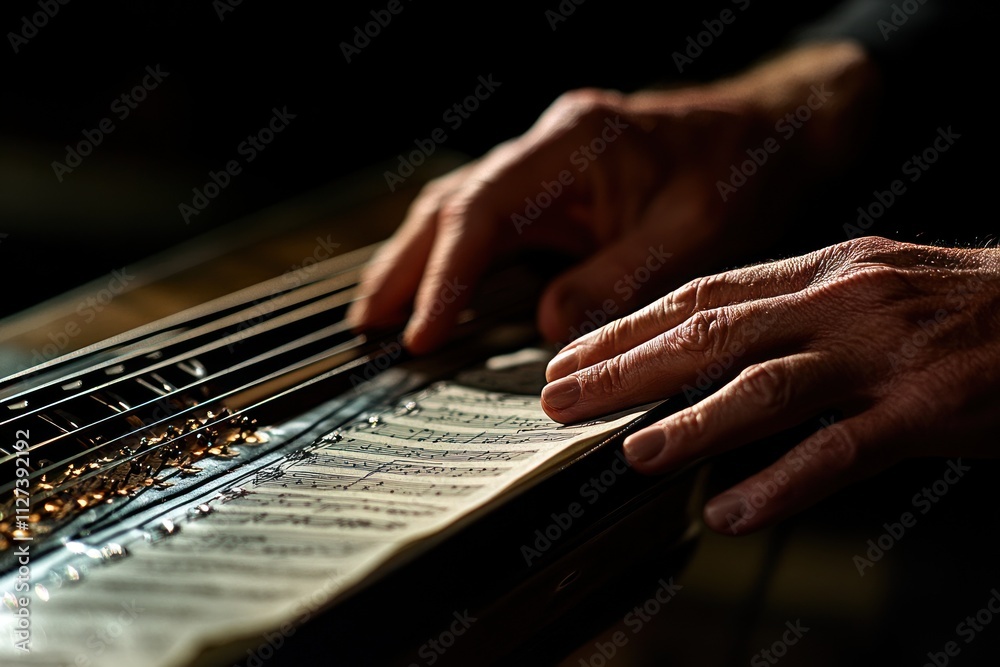 Aufkleber close-up of hands playing a musical instrument, emphasizing sheet music and performance.