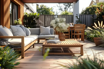 Fototapeta premium Modern outdoor terrace with wooden furniture, cozy cushions, decorative plants, and natural lighting creating a serene atmosphere for relaxation