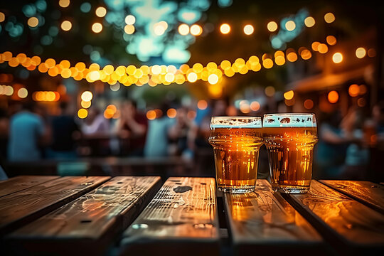 Two glasses of beer on a wooden table in an outdoor setting with warm string lights and a lively atmosphere in the background
