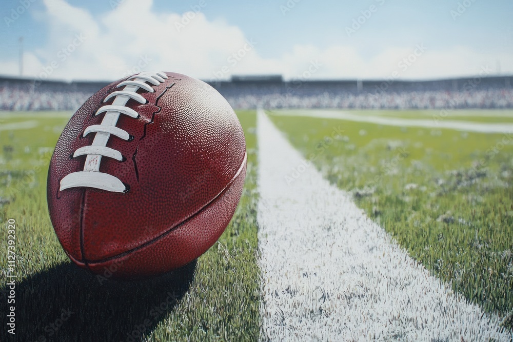 Poster a close-up of a football on a field, ready for play in a stadium setting.