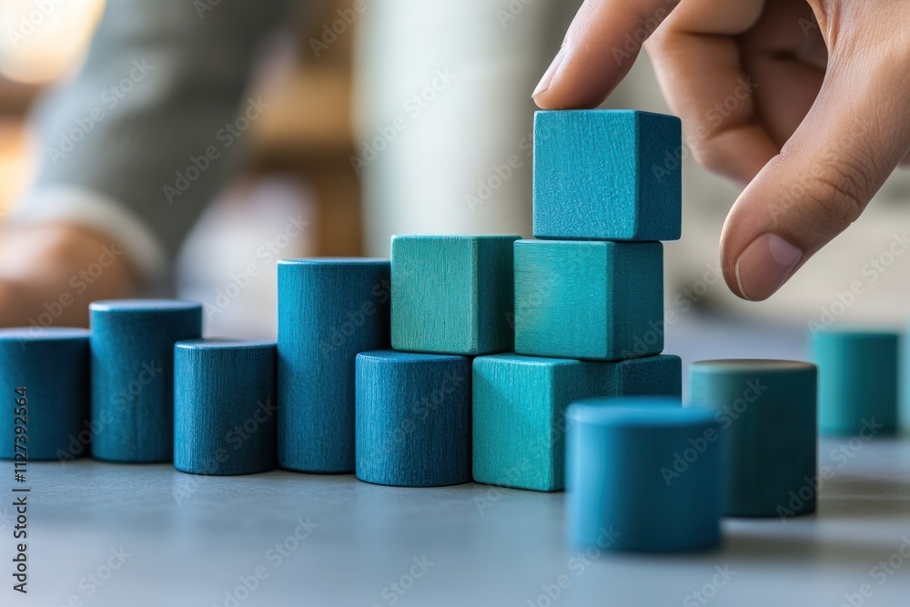 Poster a hand arranging teal wooden blocks in a structured formation.
