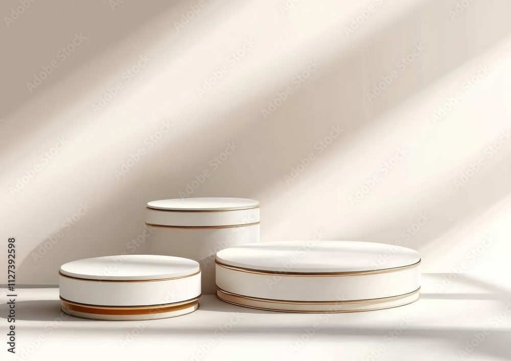 Poster three elegant, cylindrical display pedestals with a minimalist design and soft lighting.