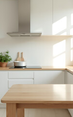 Fototapeta premium A minimalist wooden table with a clear glass top sits empty in a bright kitchen, perfect for photography and design layouts._00001_