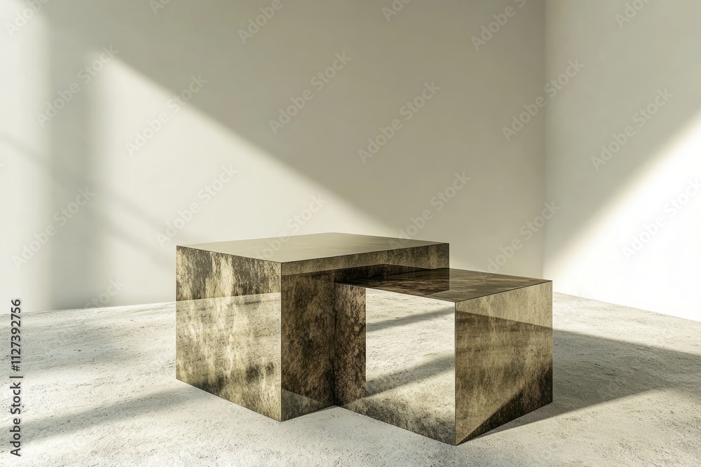 Poster A minimalist space featuring two geometric tables reflecting light and shadows.