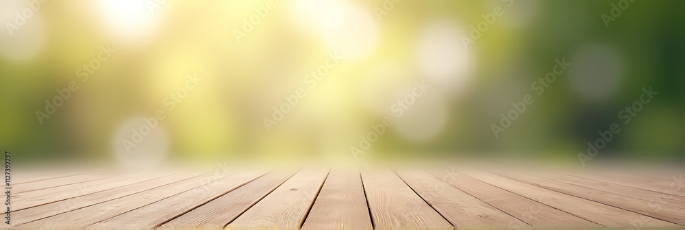 Aufkleber A minimalist design featuring an empty wooden tabletop against a blurred, abstract bokeh effect background with subtle texture nuances._00002_