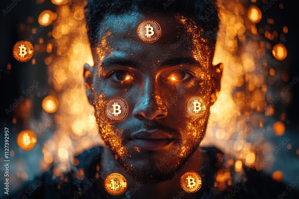Poster symbolic cryptocurrency imagery with a man in focus, surrounded by glowing bitcoin tokens in motion.